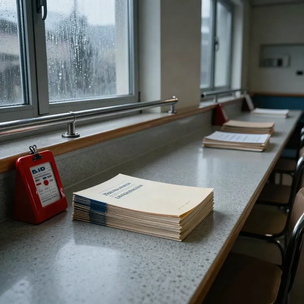 Handbuchstapel und roter Notfallhalter auf einer Werkskantine im Regen bei Dämmerung