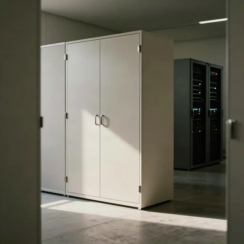 Sicherer Bürobereich mit abschließbarem Schrank, Trennwänden und Serverracks im kühlen Licht.